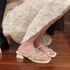 Модные женские шлепанцы на среднем каблуке с перемычкой для пальца, бантом и стразами, обувь с квадратным носком, женские туфли для платья на квадратном каблуке в сказочном стиле, Zapatillas De Mujer