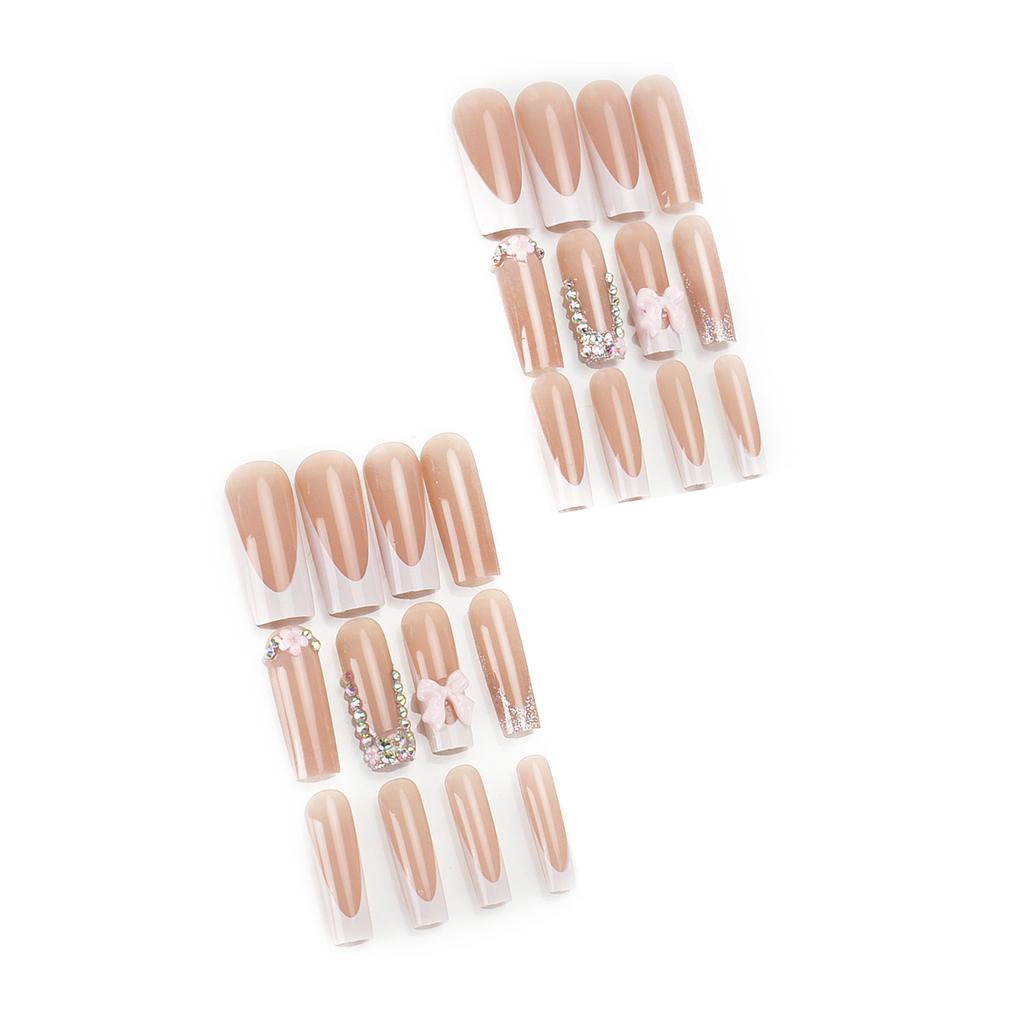 24pcs Long Square Stick on Nails White Tip Bowknot Pink Fake Nails for DIY At-Home Manicure Kit
