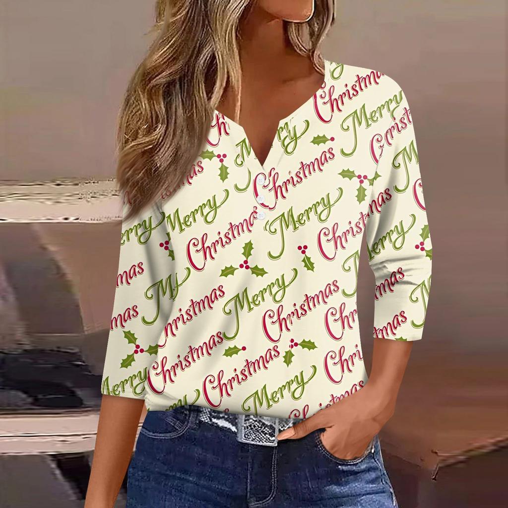 Women's T Shirt Tee Christmas Print Button 3/4 Sleeve Daily Weekend Fashion Basic V Neck Regular Top