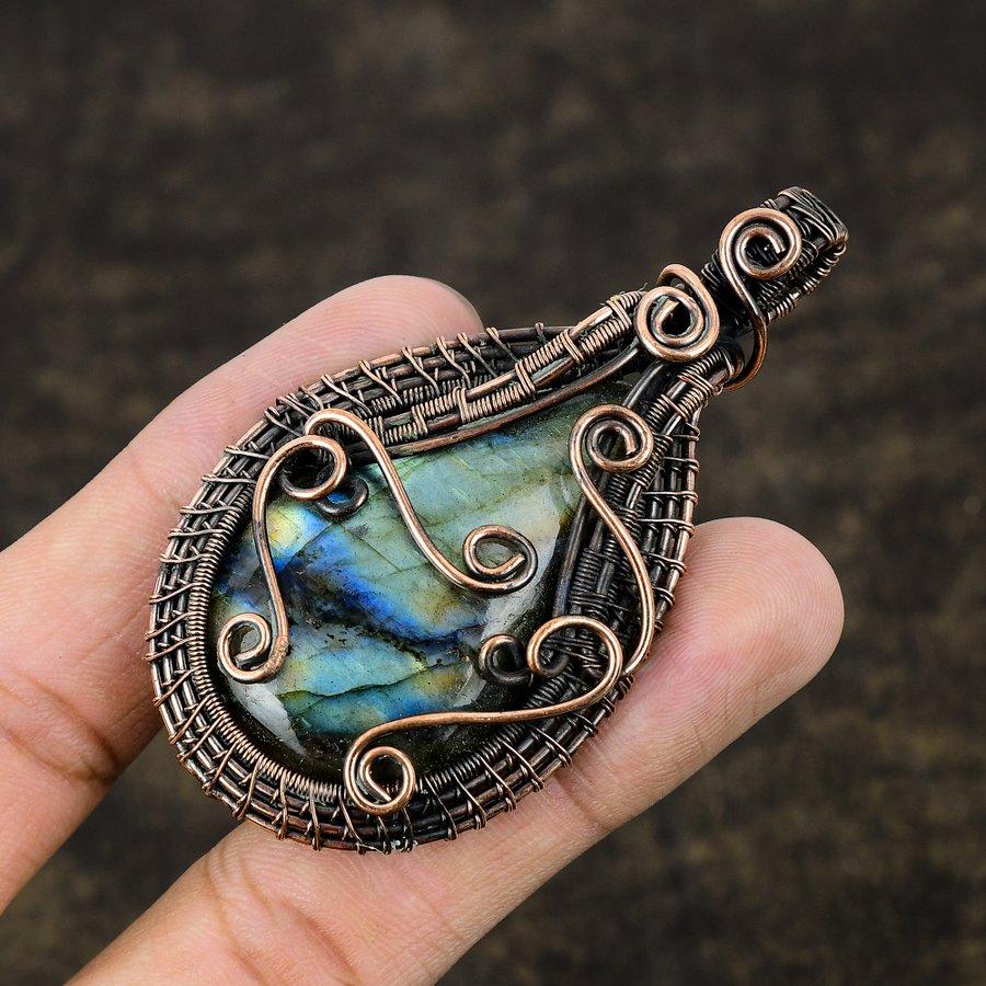 Подвеска ручной работы из медной проволоки из натурального лабрадорита длиной 2,96 дюйма I3S65