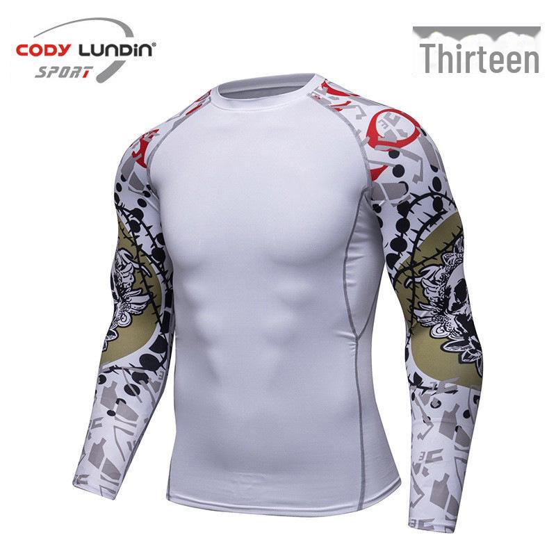 Мужская компрессионная футболка для бега с длинным рукавом и принтом, влагоотводящая, A038
