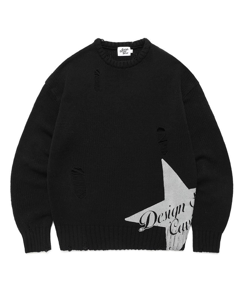 CAVISH W Damaged Star Knit Crewneck Black(Cv2Dffk601A)