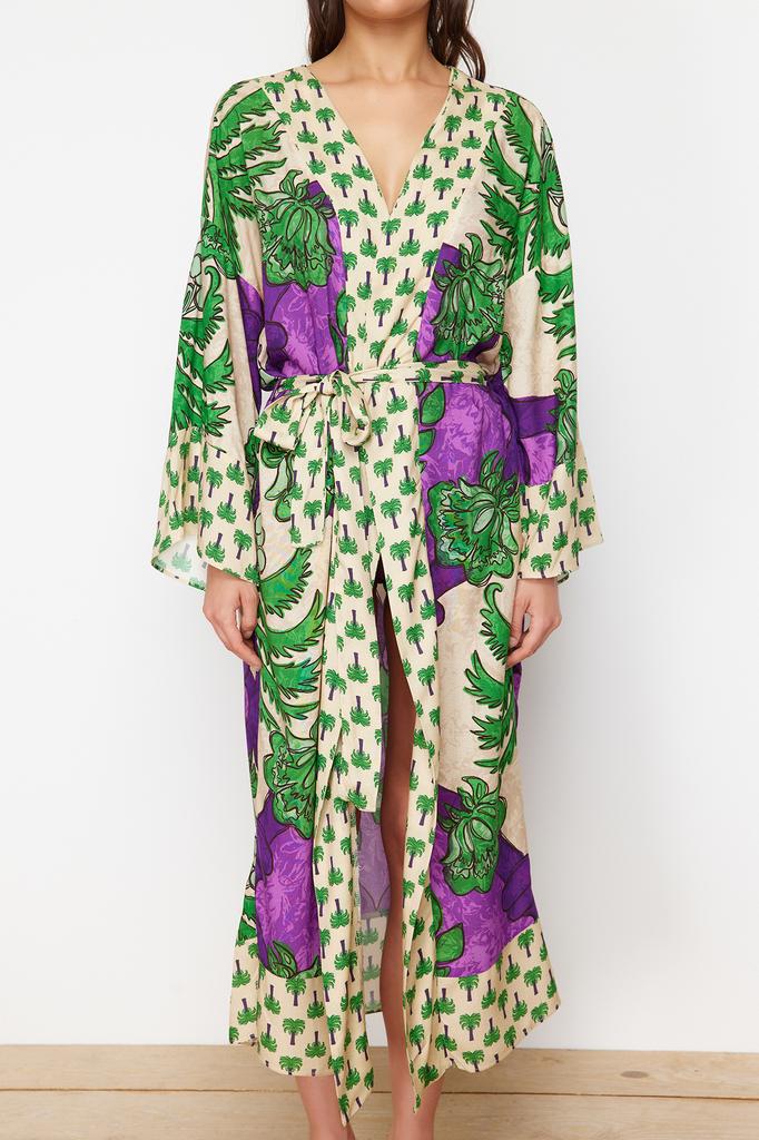 Women's Fashion New Kimono&Kaftan Ethnic Patterned Belted Maxi Woven KimonoKaftan