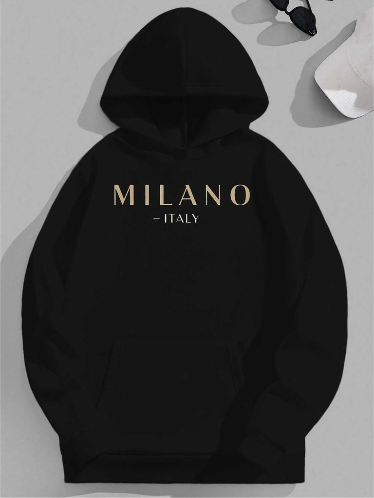 Plus Size "Milano Italy" Graphic hoodie - Casual Black Pullover with Golden Lettering