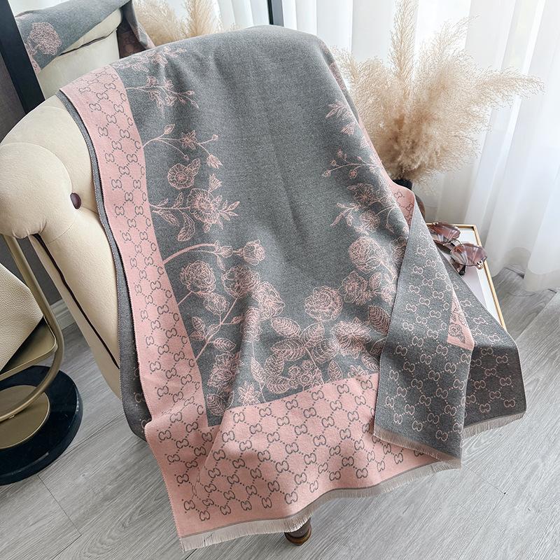 Imitation Cashmere Flowers Retro Simple Texture Printing Double-Sided Warm Scarf Shawl Outer Cover Women