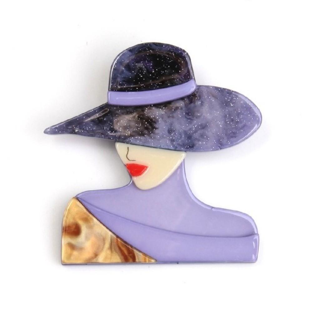 Cartoon Women Portrait Pin Large Modern Girls Badge Lady with Hat Brooch Clothing Accessories