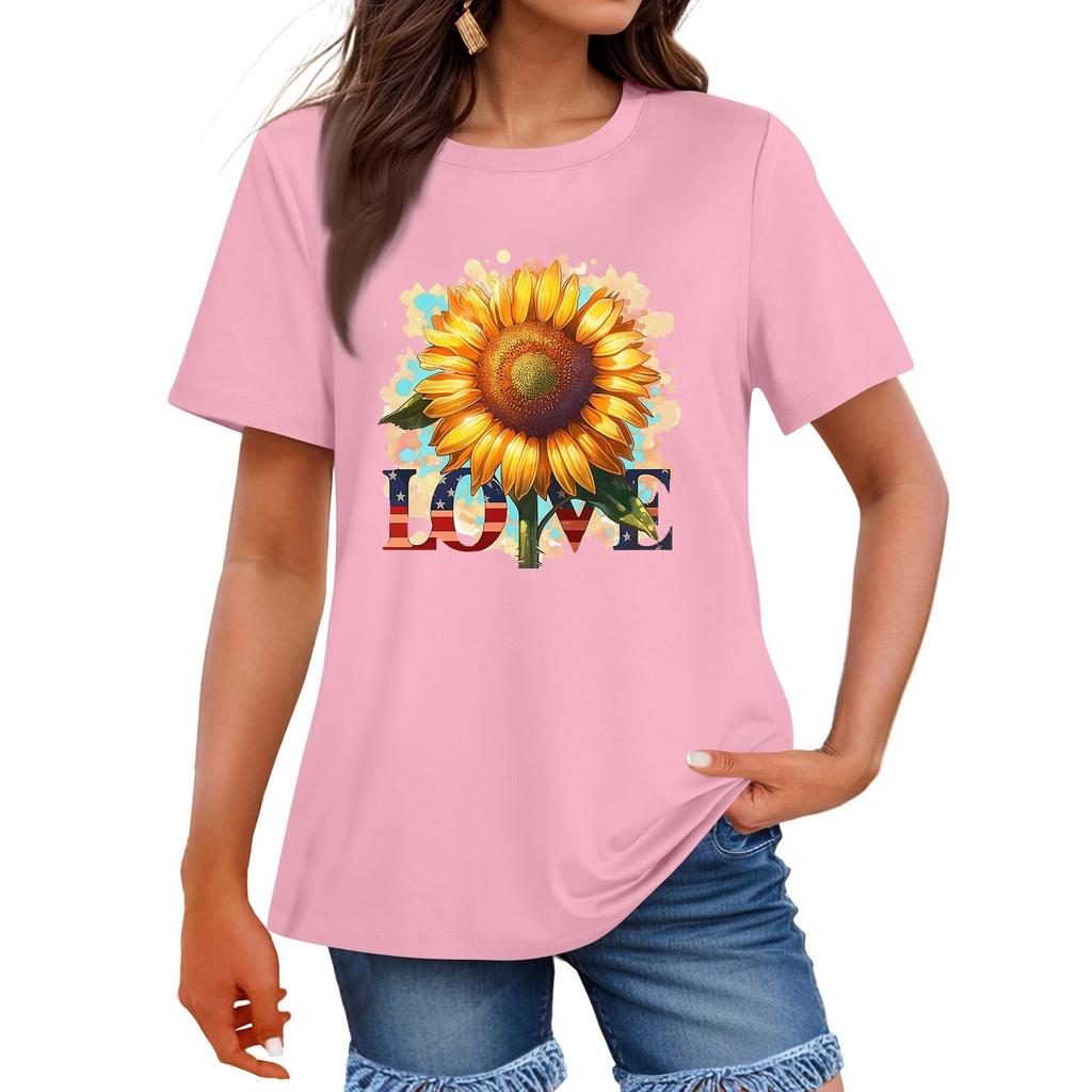 Women's Fashion Independence Day Printed Round Neck Short Sleeved Casual T-shirt Top