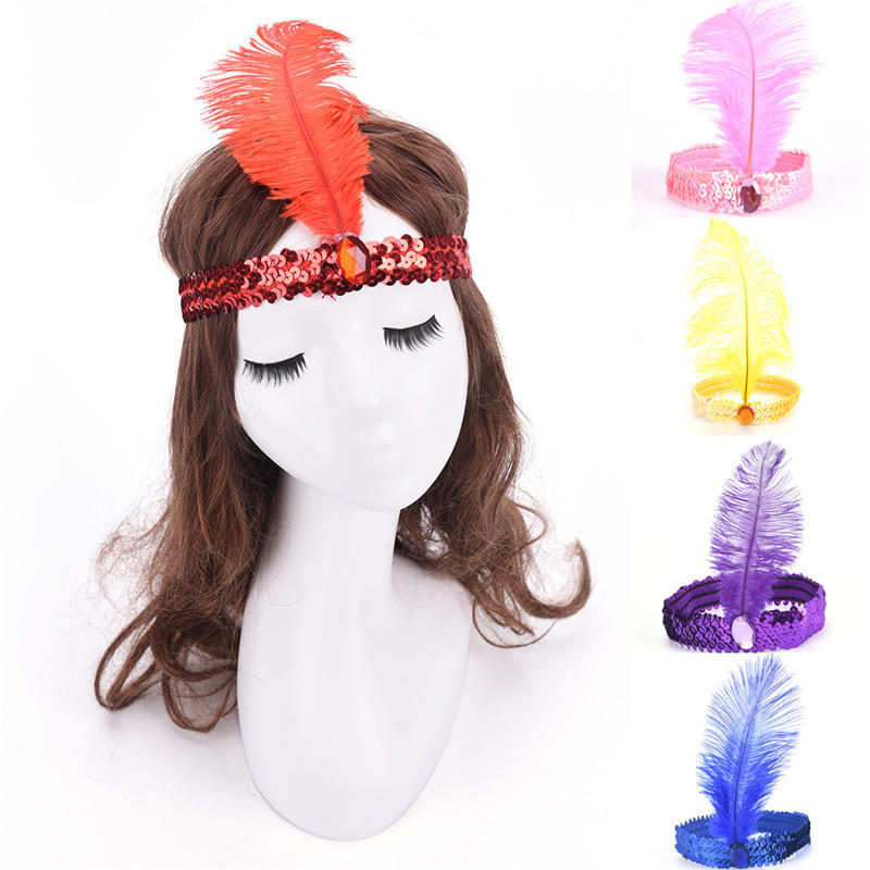Feather Flapper Sequin Charleston Dress Costume Women Solid Multicolor Hairband