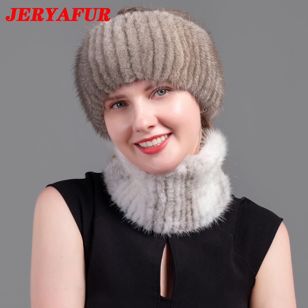 JERYAFUR Ladies Winter Knitted Leather Straw Hat Real Mink Scarf Hat Stretch Luxury Mink Empty Top Hat