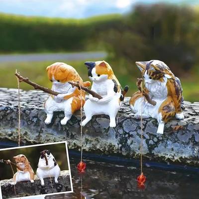 Рыболовная фигурка кота, статуэтка из смолы, мультяшный котенок, скульптура животного, домашний офис, настольный аквариум, украшение для аквариума