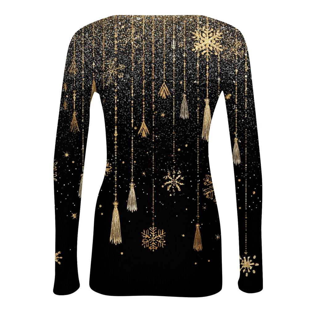 Women's Fashion Slim-Fit Round Neck Base Layer T-Shirt Christmas Print Long-Sleeved Top