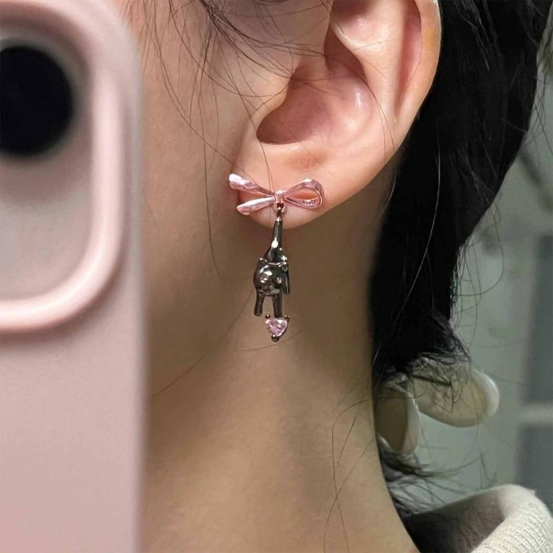 Harajuku Y2k Accessories Scare Black Cat Pink Bowknot Earring Niche Design Trend Animal Earings Jewelry for Women Girl