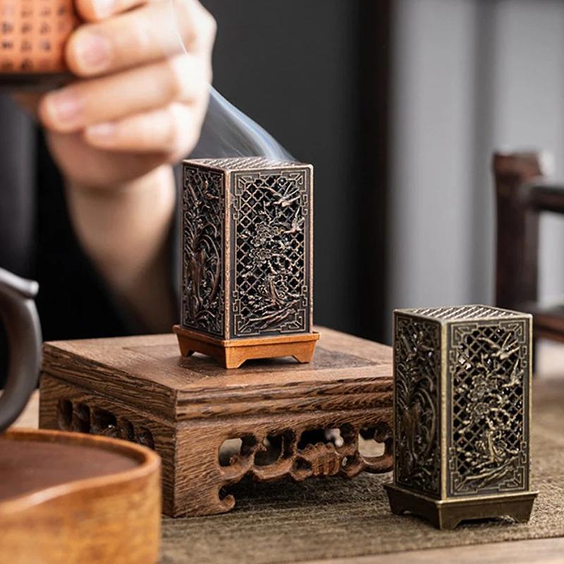 Square Vertical Incense Burner Small Alloy Incense Holder Indoor Aromatherapy Home Ornament Chinese Plum Inense Burners