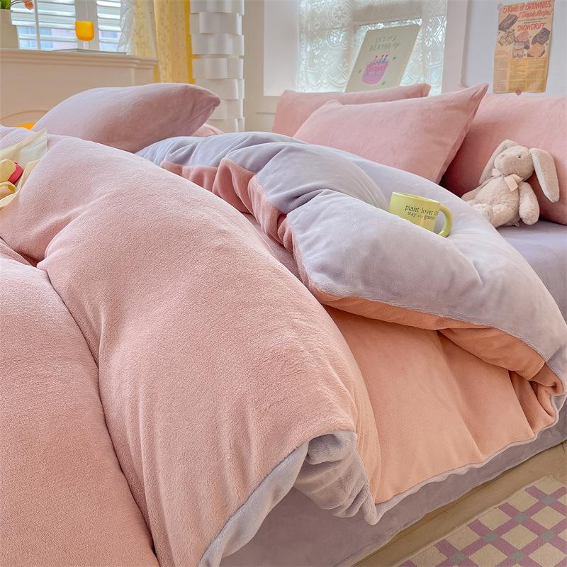 Thickened Milk Fleece Four-Piece Set, Solid Color Coral Fleece Bed Sheet Quilt Cover, Fleece Bedding Three-Piece Set