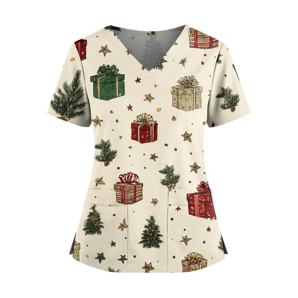 Женский топ с рождественским принтом, V-образным вырезом, двумя карманами, короткими рукавами, разрезом по подолу, униформа и одежда для ухода