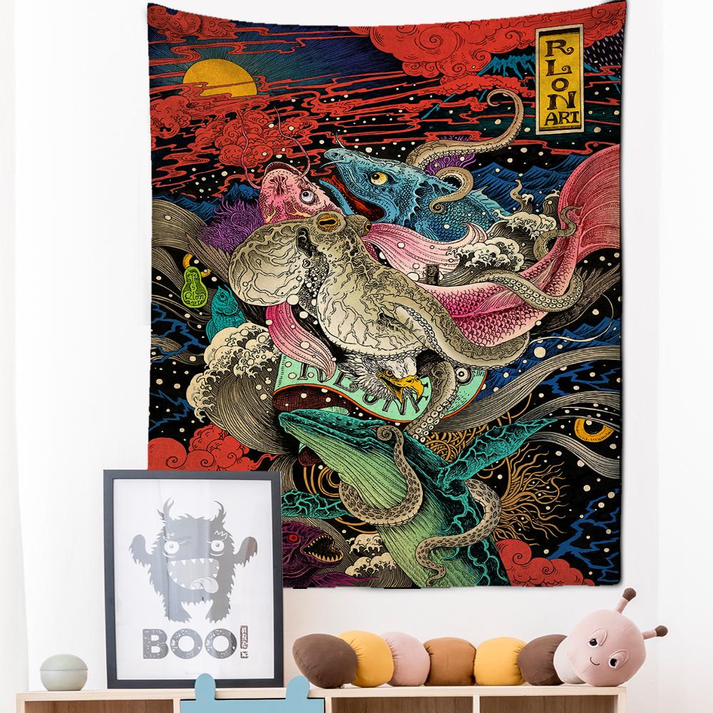 Японский гобелен с иллюстрацией, настенный Гобелен Канагава, волнистая печать, богемный хиппи, домашний декор для спальни