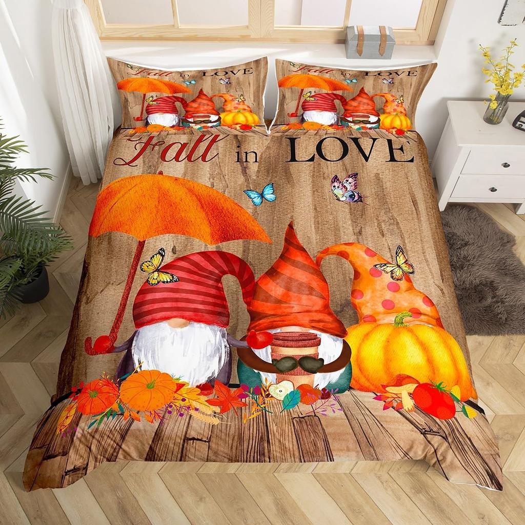 Happy Thanksgiving Duvet Cover Fall Maple Leaf Bedding Set Microfiber Gnome Gold Pumpkin Farm Harvest Comforter Cover Twin King