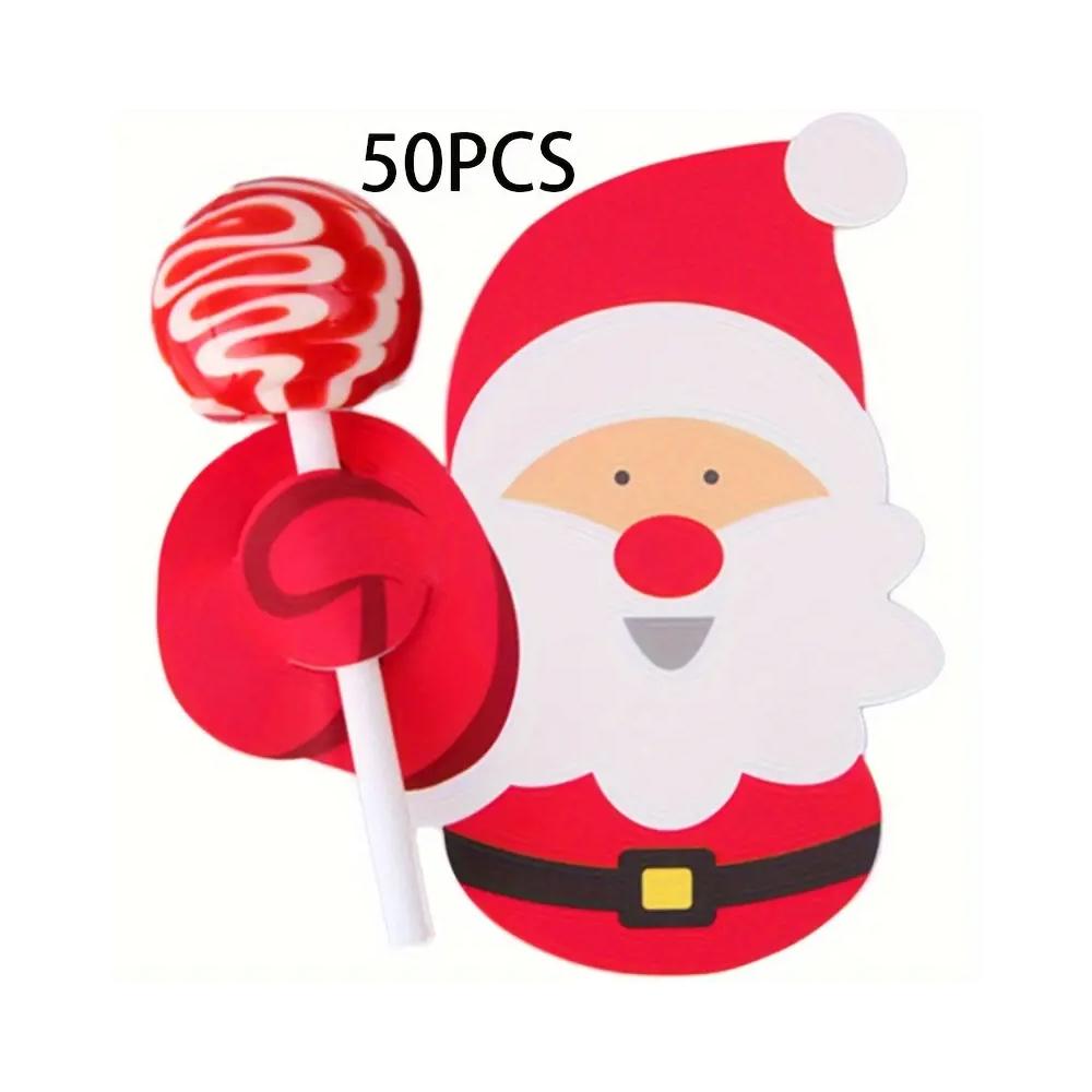50/100pcs Christmas Lollipop Paper Cards Cartoon Santa Claus Penguin Snowman Kids Candy Gifts Package Wrapping New Year Party