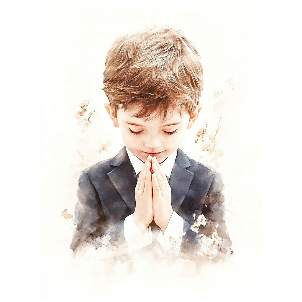 Pierwsza Komunia Święta - Modlący Się Chłopiec Pierwsza Komunia Święta - Modlący Się Chłopiec, 40X50 Cm, Rama Aluminiowa Złota, Papier Matowy 230 Gsm