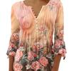 Spring Summer Women's Flower Print V-Neck Short Sleeve Pleated Button T-shirt