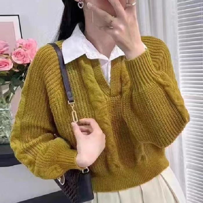 Женский свитер из двух частей в студенческом стиле с перекрученной вязкой — свободный крой, длинные рукава, на осень