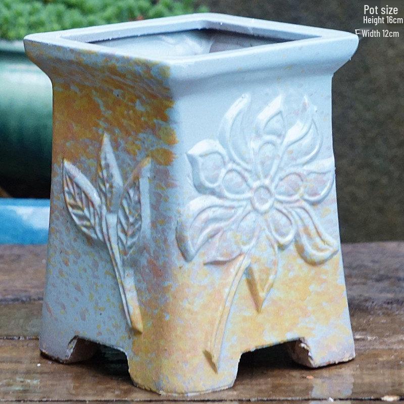 Yixing Handmade Square Mouth Coarse Pottery Planter - Large Succulent Flower Pot with Old Branch Design and Jade Pendant.