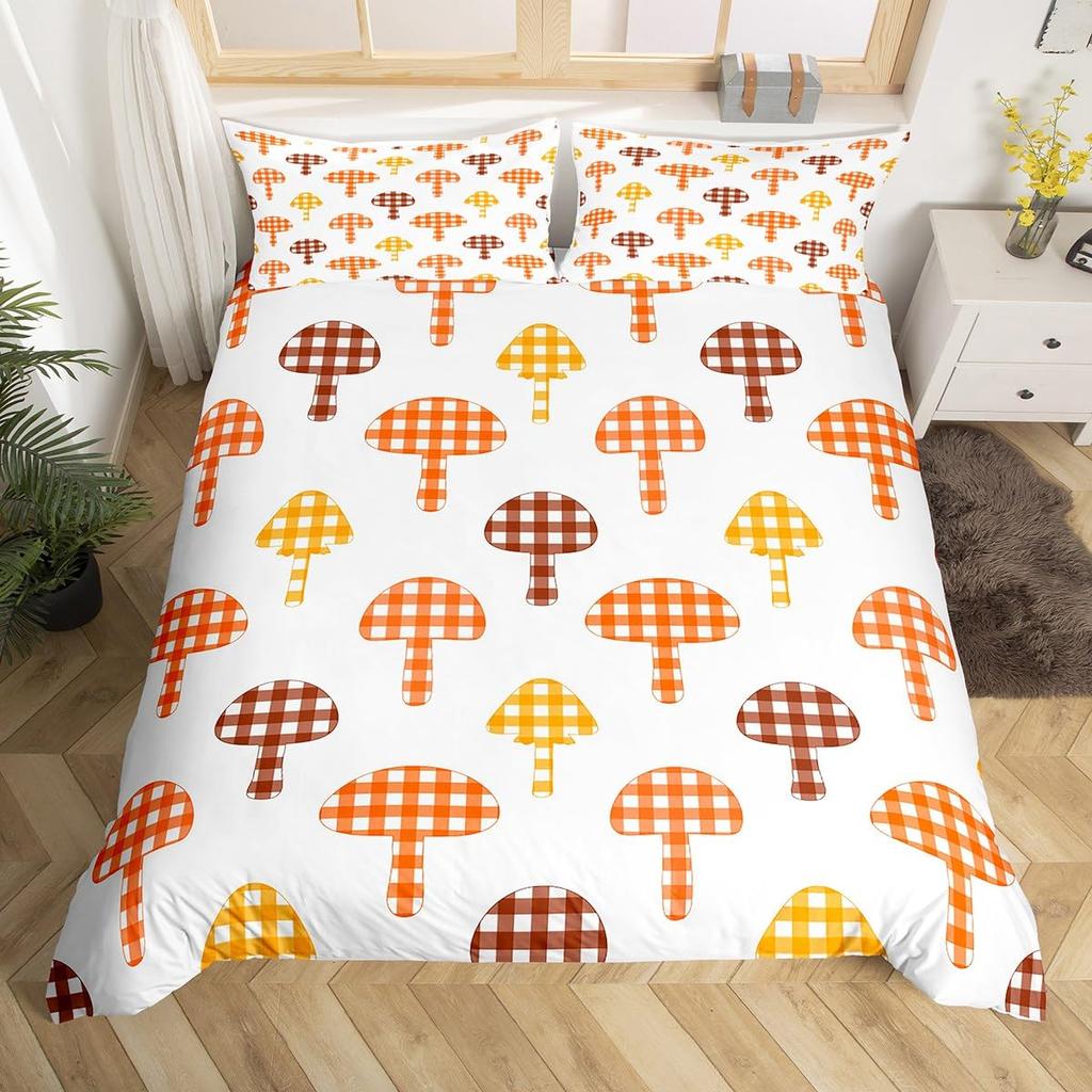 Red Mushroom Kawaii Comforter Set Twin Size Kids Bedding Set Botanical Plant Theme Print Quilt Bed Set for Boys Girls Adults