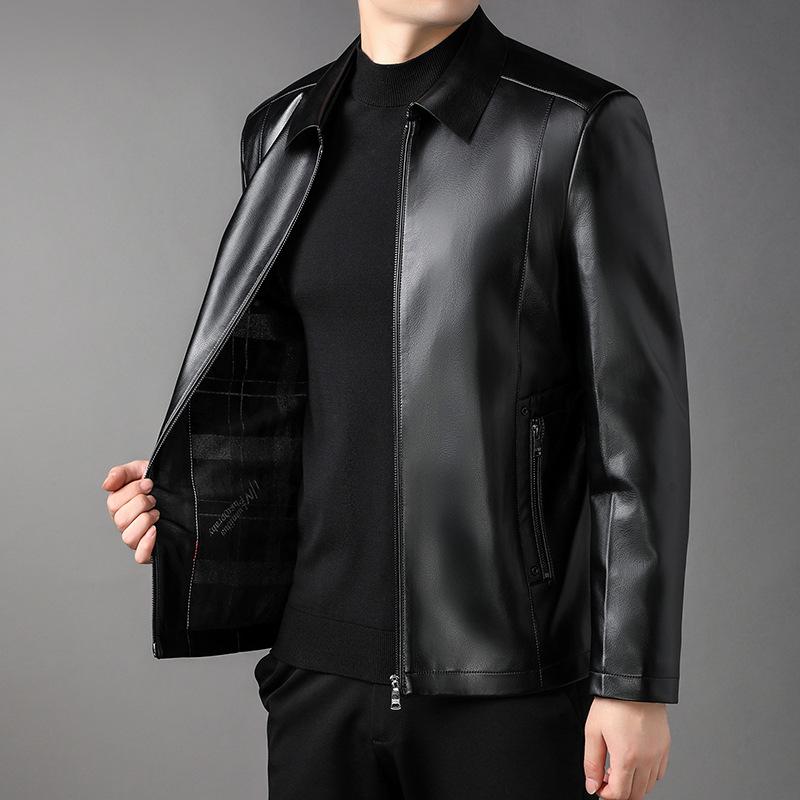 Мужская кожаная куртка осень-зима, новая, для среднего возраста, деловая, повседневная, свободные лацканы, короткая, мягкая кожаная куртка, мужская кожаная куртка