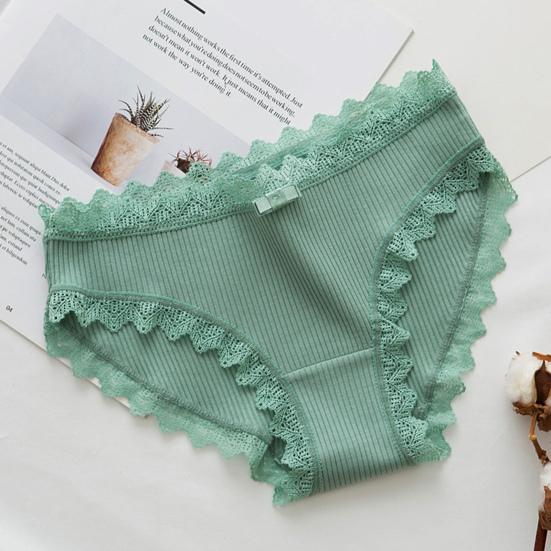 Women Underpants Thread Mid Waist Lace Edge Solid Color Elastic Cotton Crotch Moisture-wicking Stretchy