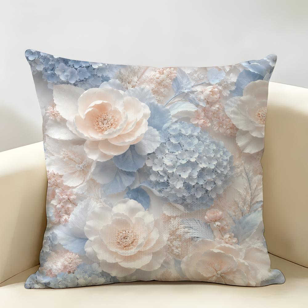 Blue Sculptural Floral Cushion Cover Durable Hypoallergenic Organic Linen Short Pillow Cover Washable