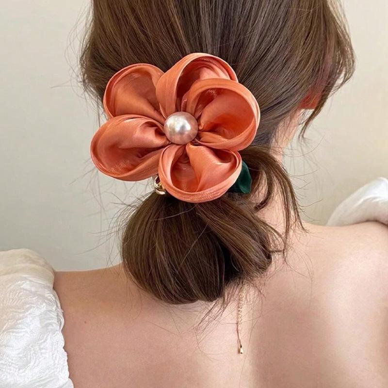 1 шт. Весенняя атмосфера Жемчужная резинка для волос Темпераментная резинка для волос в виде большого кишечника Сказочный стиль Большой цветок Кожа Растягивающаяся