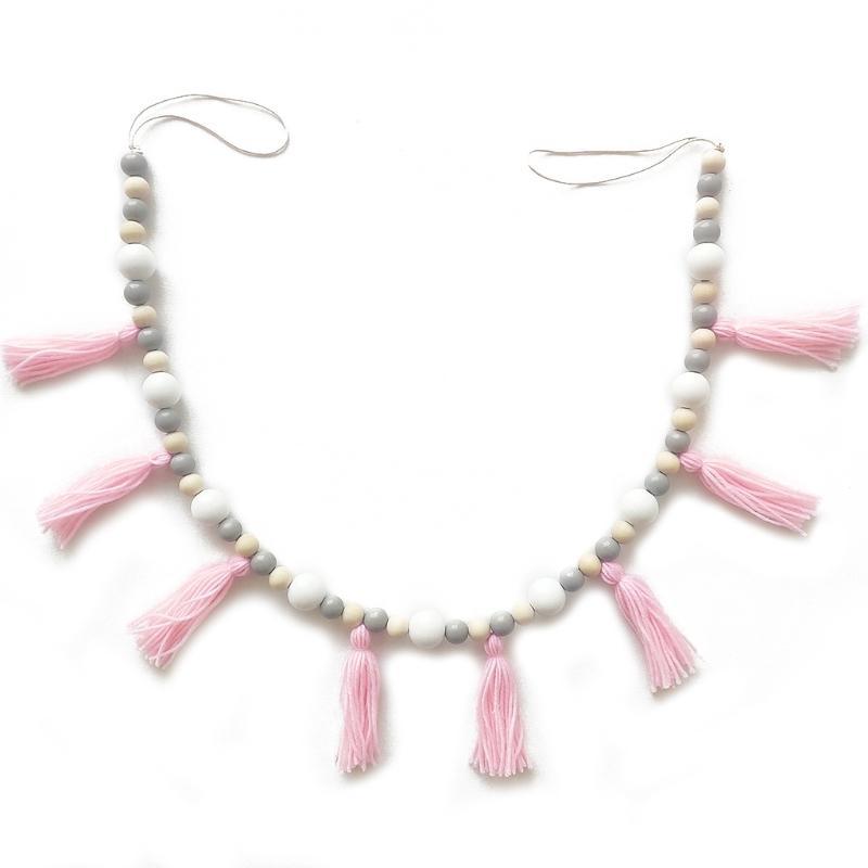 Nordic Cotton Rope Wooden Bead Garland with Tassel Wall Hanging Nursery Props Ornament Kids Baby Room Decor