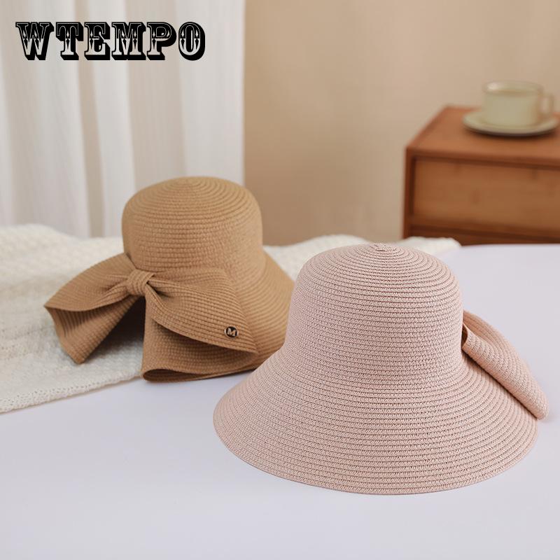 Bowknot Split Straw Sun Hat Elegant Wide Brim Travel Beach Hats Foldable UV Protection Casual Bucket Hats