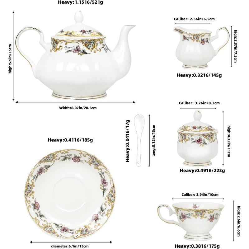 Bone China Tea Cup and Saucer Sets,Porcelain Tea Set with Teapot, Sugar Bowl,Creamer Pitcher,Floral Vintage Tea Cups and Saucers for Party Gift Giving
