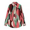 Kaslead Новое поступление Женский модный стиль Модный повседневный Универсальный Контрастный цвет Геометрический принт Рубашка с длинными рукавами