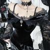 Goth Dark Flocking Lace Gothic Asymmetrical Maxi Dress Outfits for Women Mall Goth Embellished Off Shoulder Halloween Dresses