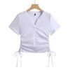 2024 летняя новая стильная женская футболка в корейском стиле, модная и универсальная майка с v-образным вырезом на шнурке и пуговицами с короткими рукавами