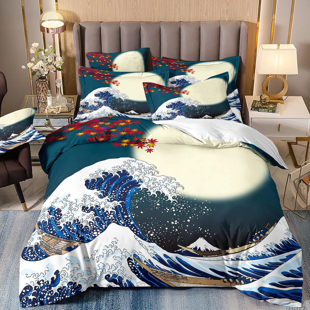 3D Three-Piece Ukiyo-E Painting Wave Flower Quilt Cover Digital Printing Bedding