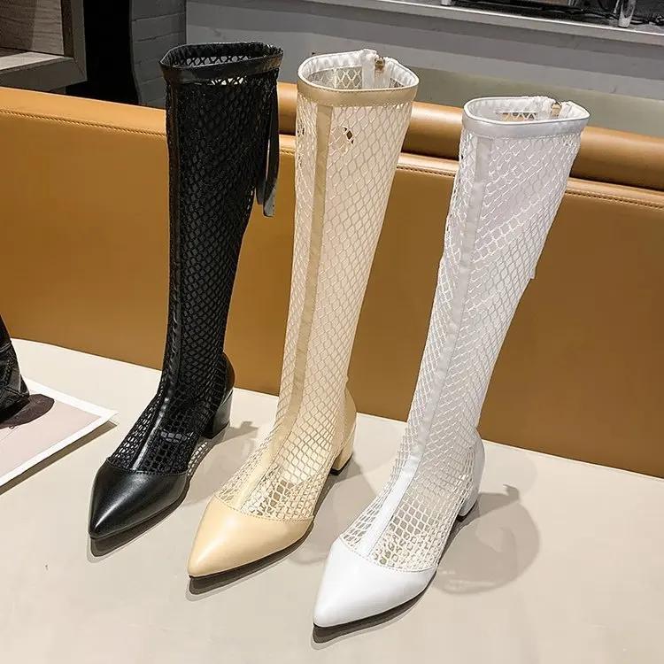 Модные тонкие сетчатые ботинки Мартин для женщин, на толстом каблуке, дышащие сетчатые полые короткие ботинки, лето 2025, новые сандалии на толстой подошве и высоком каблуке