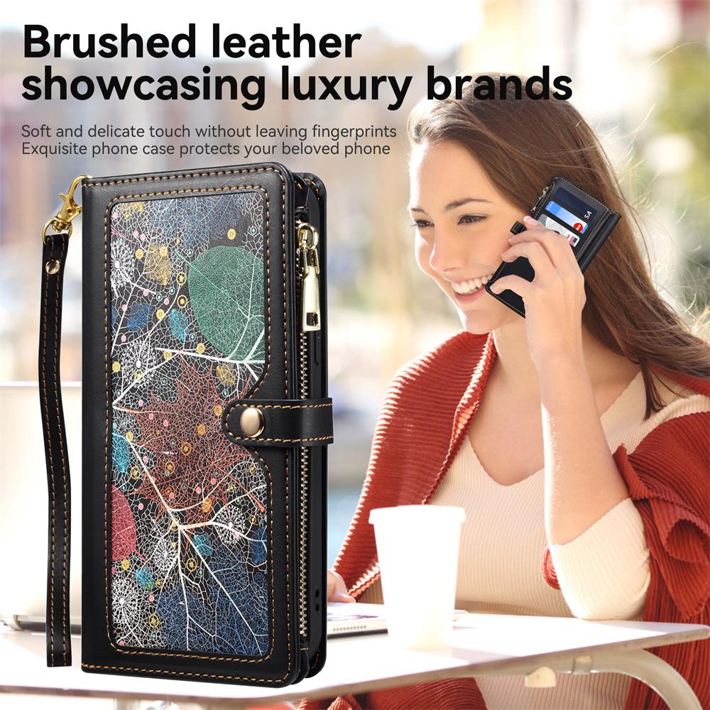 Для Oppo Reno10/Reno9/Reno7...Realme11/Realme9/C21/C15/C55...Oppo A94/A74... Кошелек с несколькими картами и узором в виде листьев, чехол для телефона с защитой от кражи и кистью