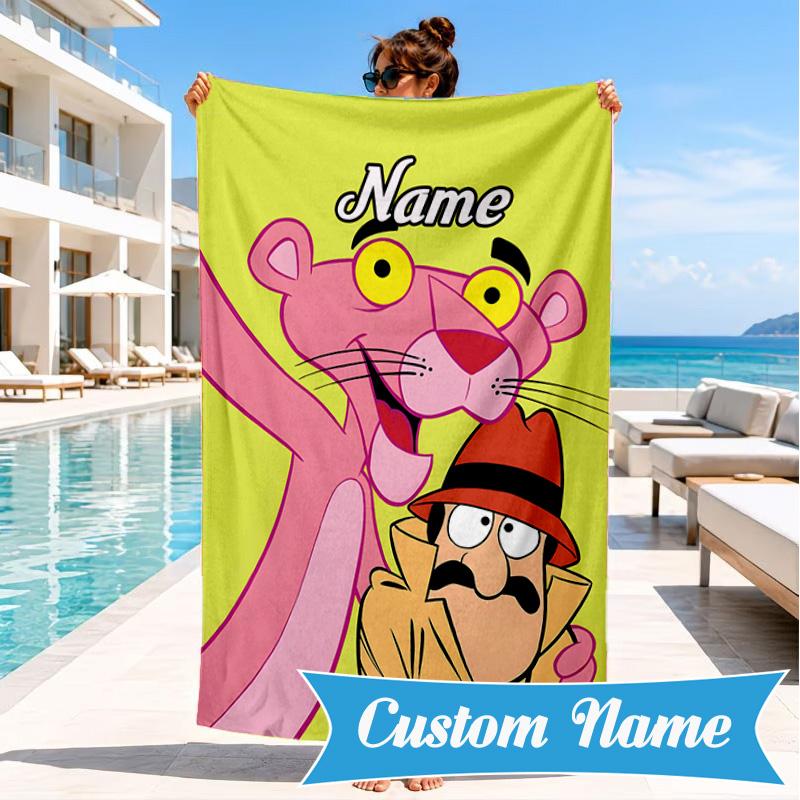 Custom Name Pink-Panther Heart In Space Adventure Microfiber Beach Towel, Lightweight for Summer Travel, Swimming Pool Fan Gift