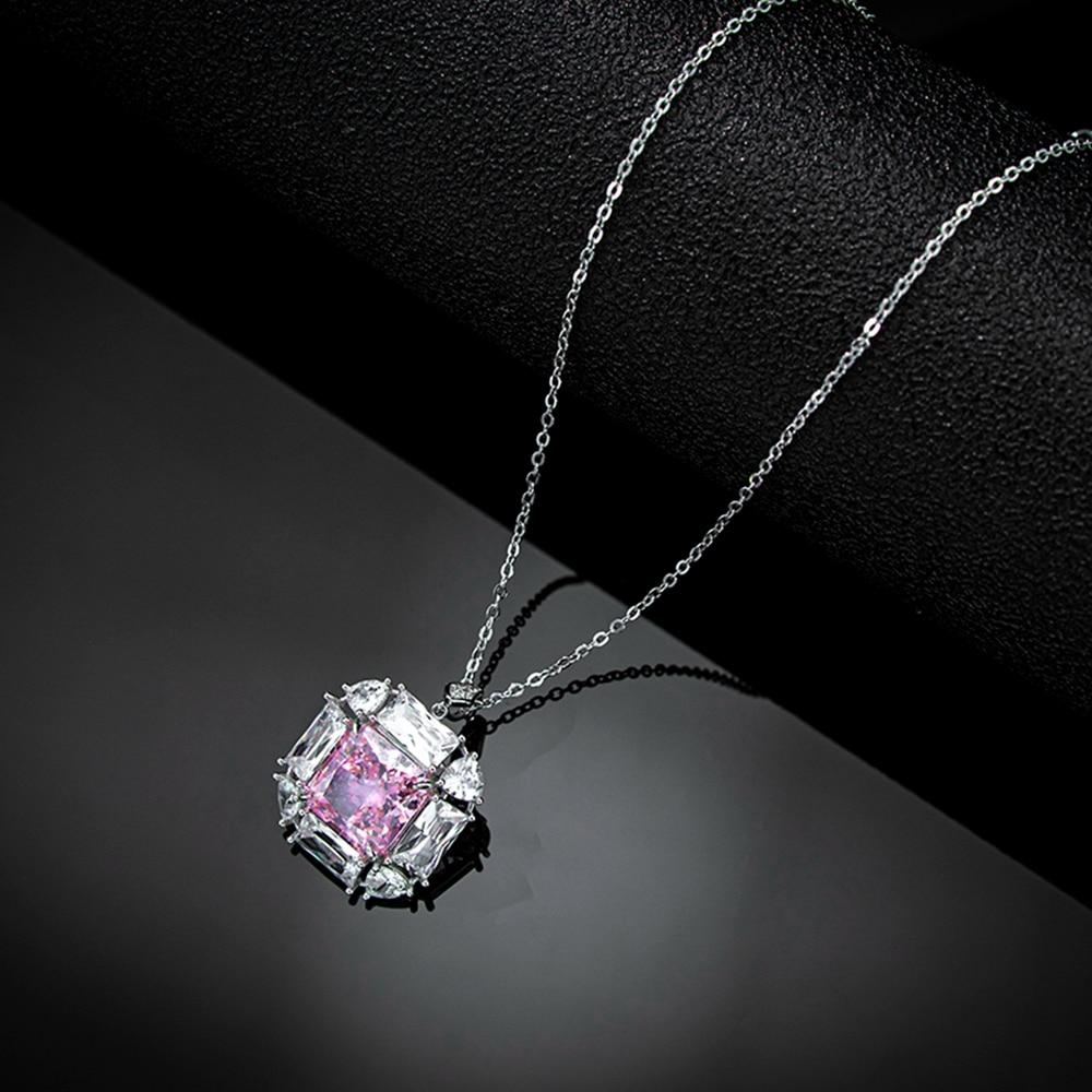 Real 925 Sterling Silver Crushed Ice Cut 12 *12mm Pink Sapphire Created Moissanite Diamond Pendant Necklaces For Women Gift