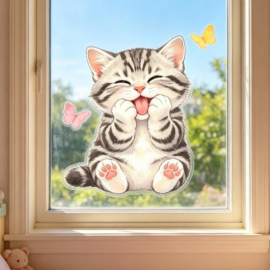 Милая наклейка на окно с котенком, Мультяшные наклейки с котенком и бабочкой, Многоразовая статическая наклейка на стекло с акварельным животным для детской комнаты, декора ванной комнаты