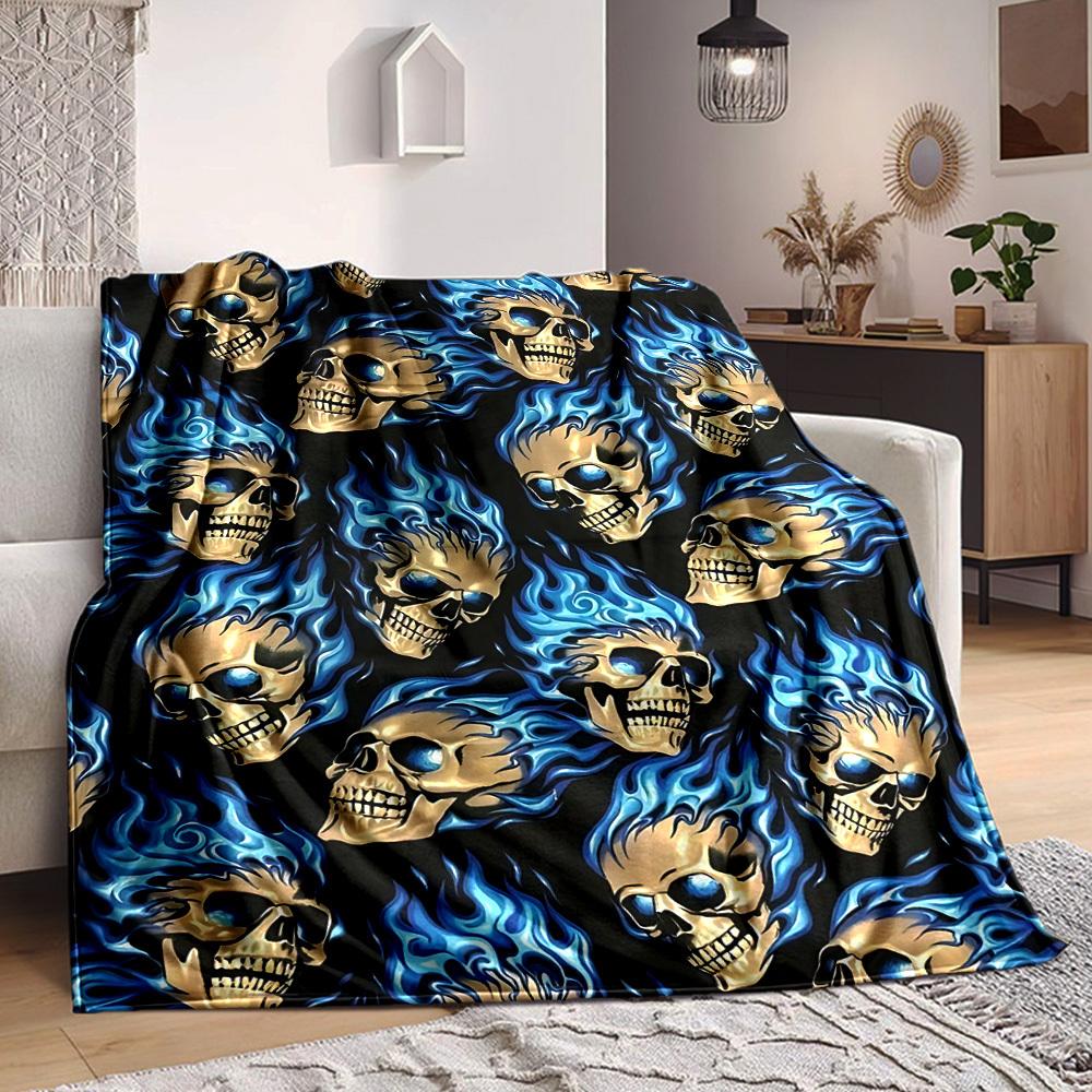 1pc Flame Skulls Blanket, Lightweight Flannel Throw Blanket For Sofa, Bed, Travel, Camping, Living Room, Office, Couch, Chair, And Bed
