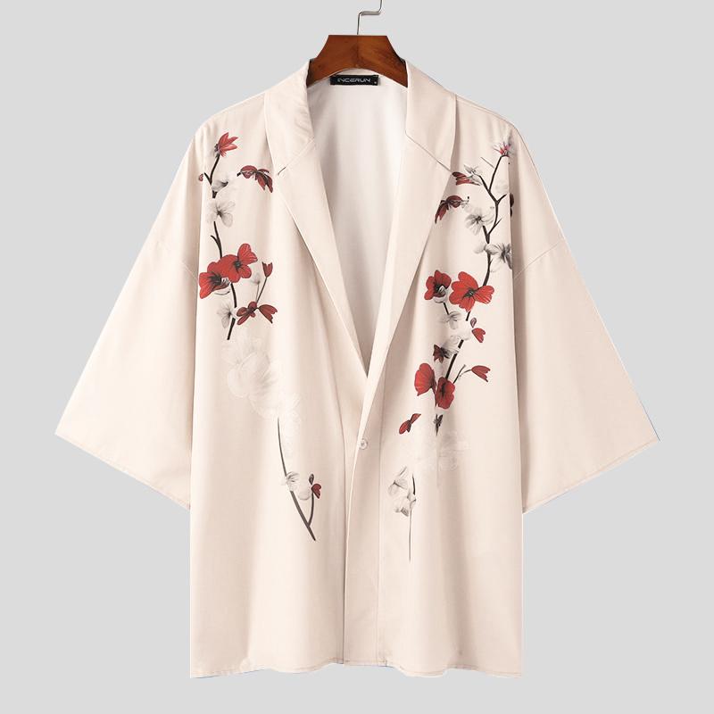 INCERUN Мужские кардиганы с воротником с лацканами и V-образным вырезом, рубашки, кимоно с цветочным принтом