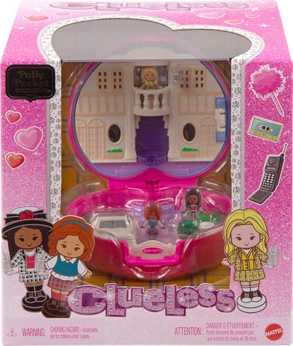 Polly Pocket x Clueless Коллекционный Компакт, Микро-Кукла и Игровой Набор, 5 Тематических Игрушечных Транспортных Средств-Аксессуаров, Шер, Дионн и Тай.