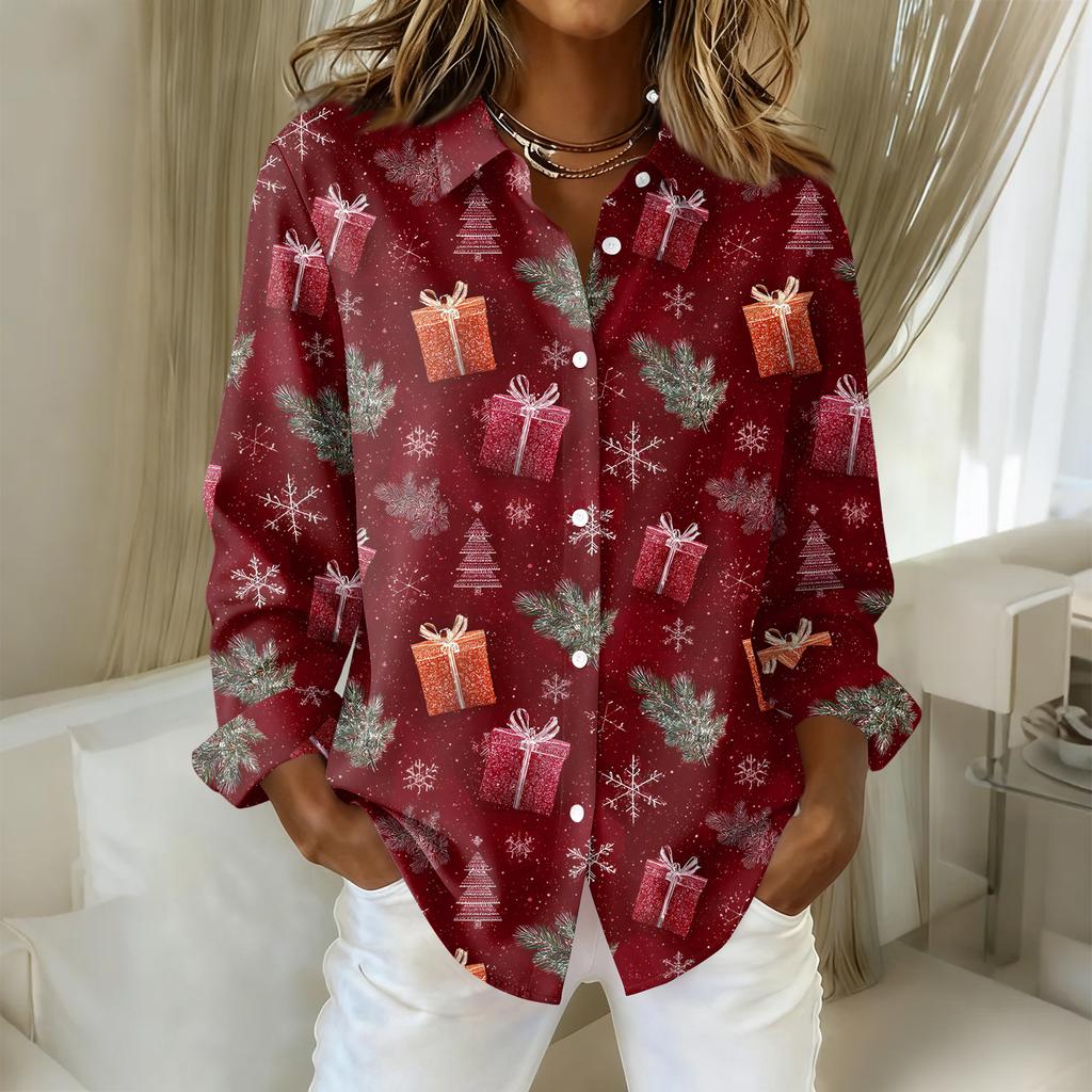 Women's Christmas Printed Button Up Long Sleeved Casual Regular Shirt With Collar Top
