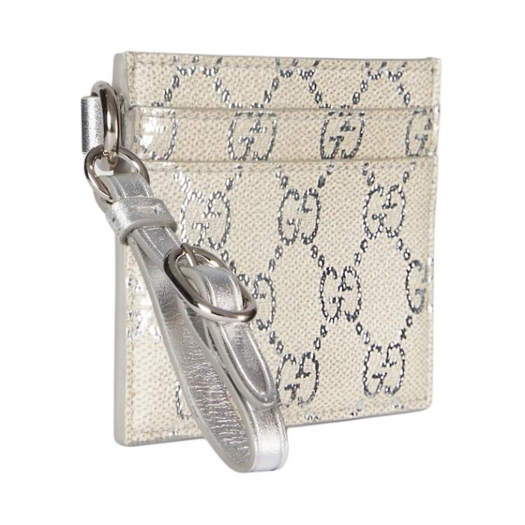 GUCCI GG Emblem Coated Textile, Leather Card Holder Regular Women's Light Beige & Silver 819121-FAFGH-8741