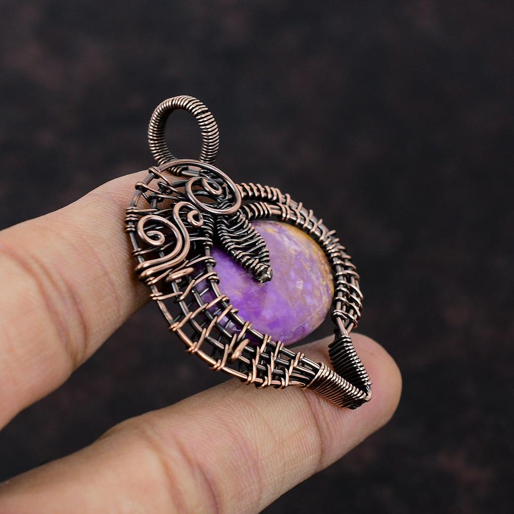 Подвеска из фосфосидерита, обмотанная медной проволокой, оригинальная подвеска из драгоценного камня, украшение, обмотанное проволокой, подвеска для подарка, медные украшения ручной работы
