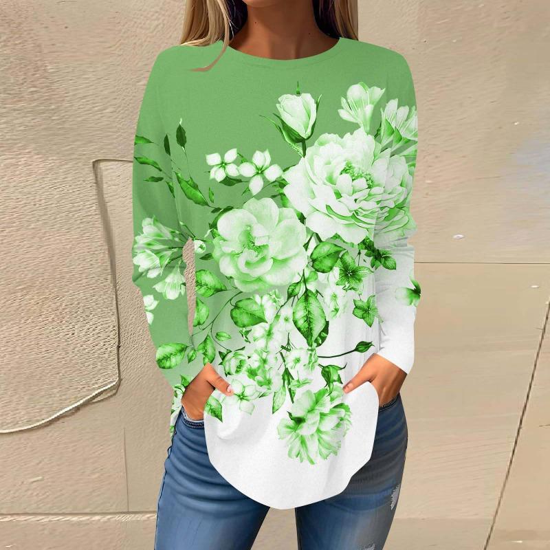 Повседневный топ с круглым вырезом и длинным рукавом, цветочная модная женская футболка большого размера с 3D-принтом, женские осенние свободные топы